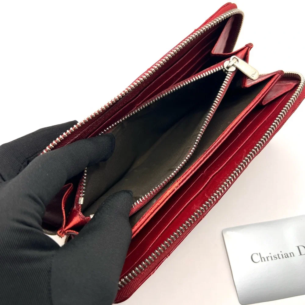 Authentic Christian Dior Cannage Red Patent Leather Zip Long Wallet